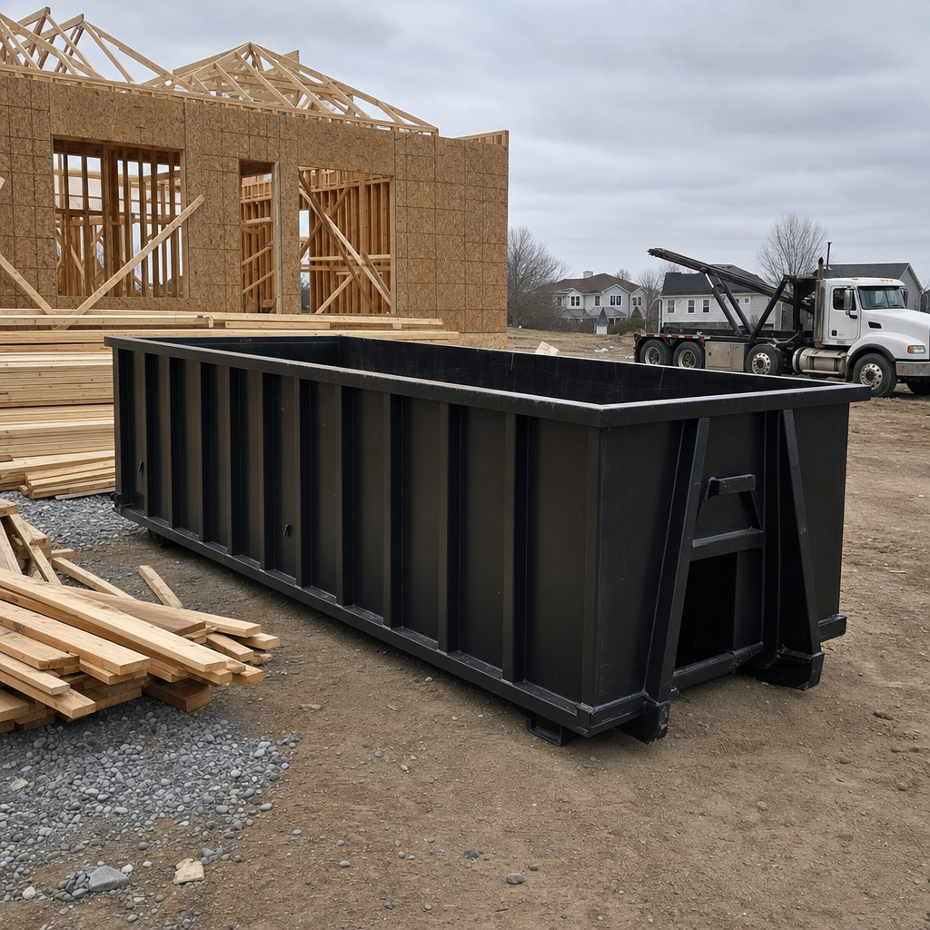 Matte-black 40-yard roll-off dumpster staged on a framed-out residential construction site in Elkhart, framing lumber stacked nearby, hooklift delivery truck visible in the background under bright Colorado daylight