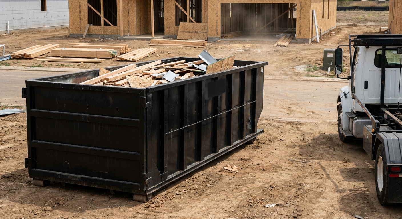 Matte-black 20-yard roll-off construction dumpster with heavy ribbed steel sidewalls and swing rear doors at a working jobsite in Elkhart, sitting directly on compacted dirt with an unmarked white hauler partially visible at the far edge of the frame.