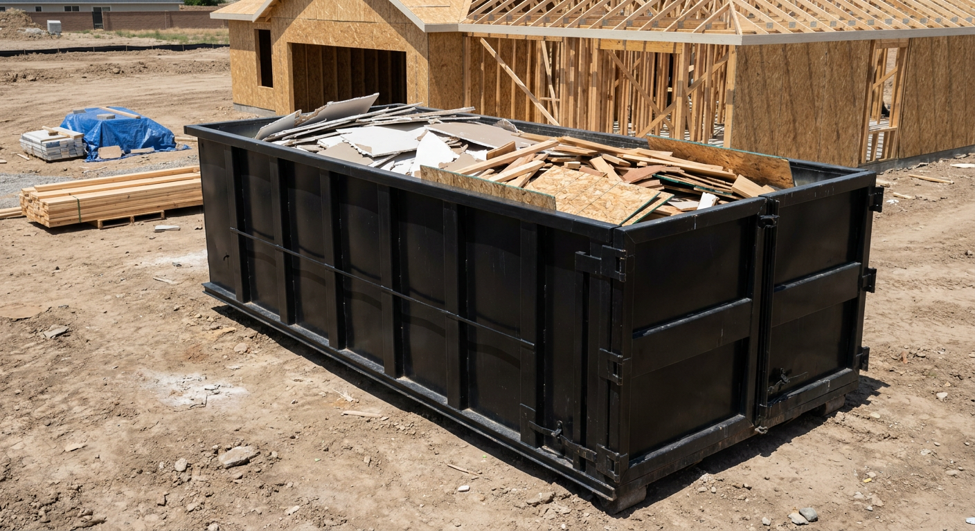 Matte-black 30-yard roll-off construction dumpster sitting directly on the compacted-dirt site of a framed single-family home build in Elkhart, drywall and lumber scrap loaded inside.