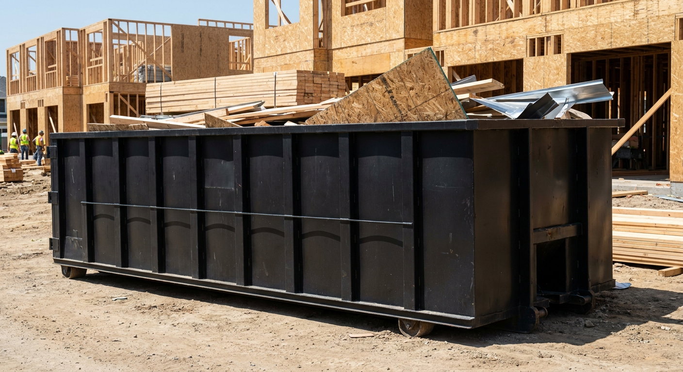 Matte-black 40-yard roll-off construction dumpster being lowered from a white-cab hooklift delivery truck onto the compacted-dirt jobsite at a commercial build site in Elkhart