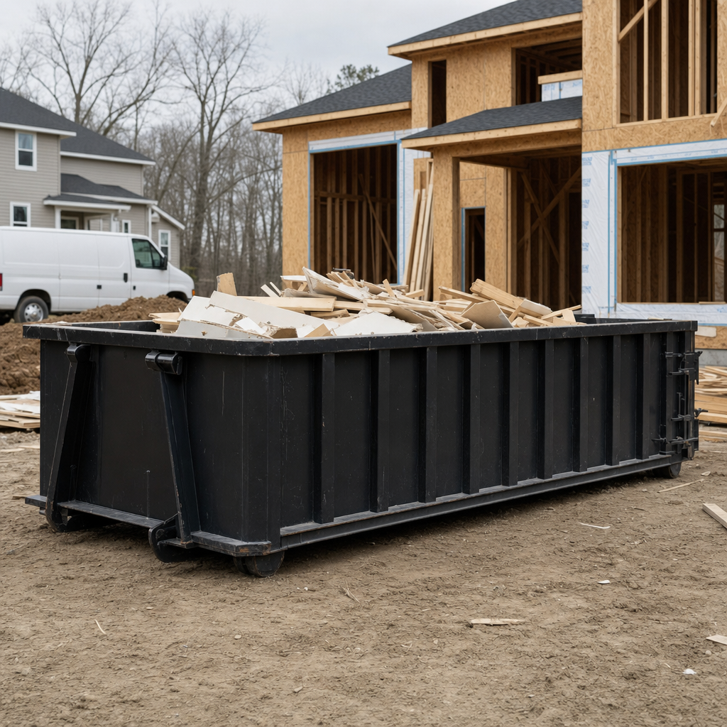 Worker in a yellow high-visibility vest tossing framing lumber and broken drywall into a matte-black 30-yard construction roll-off dumpster on an active build site in Elkhart, bright daylight