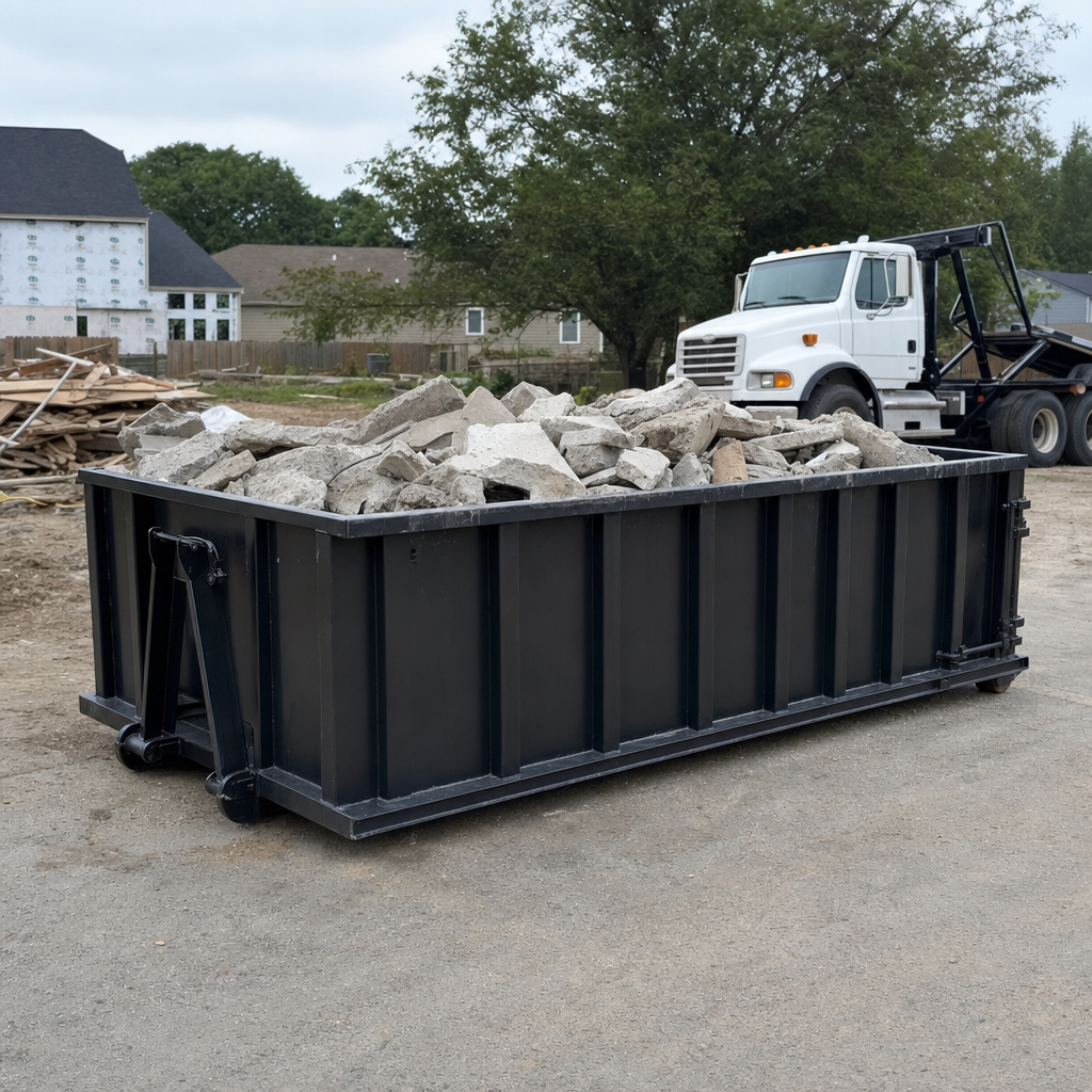 Low-profile matte-black lowboy roll-off dumpster loaded with broken concrete slab and rebar at a foundation tear-out in Elkhart, skid steer parked beside it, sunny Colorado morning