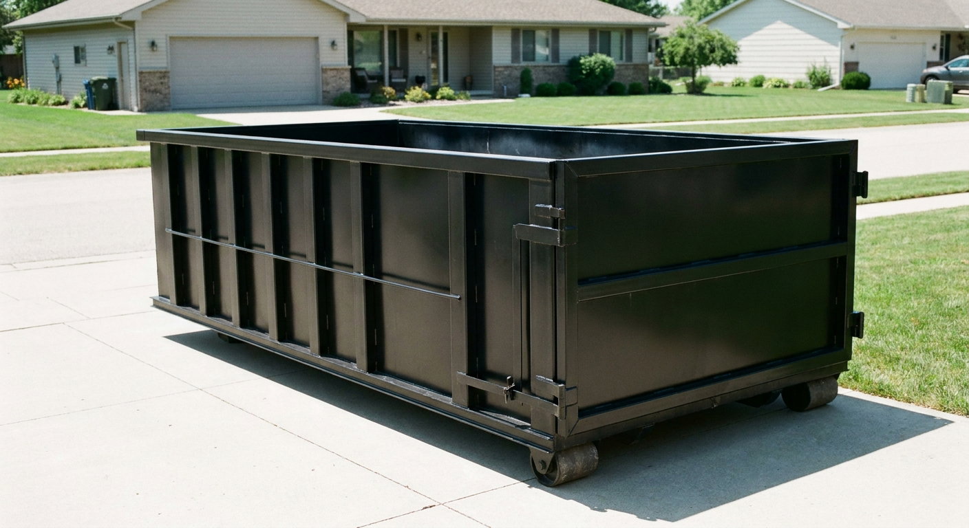 Matte-black 10-yard roll-off dumpster on a residential concrete driveway in Elkhart, uniformly painted matte black across every panel and rail, ribbed steel sidewalls and rear swing door visible, mid-day daylight.