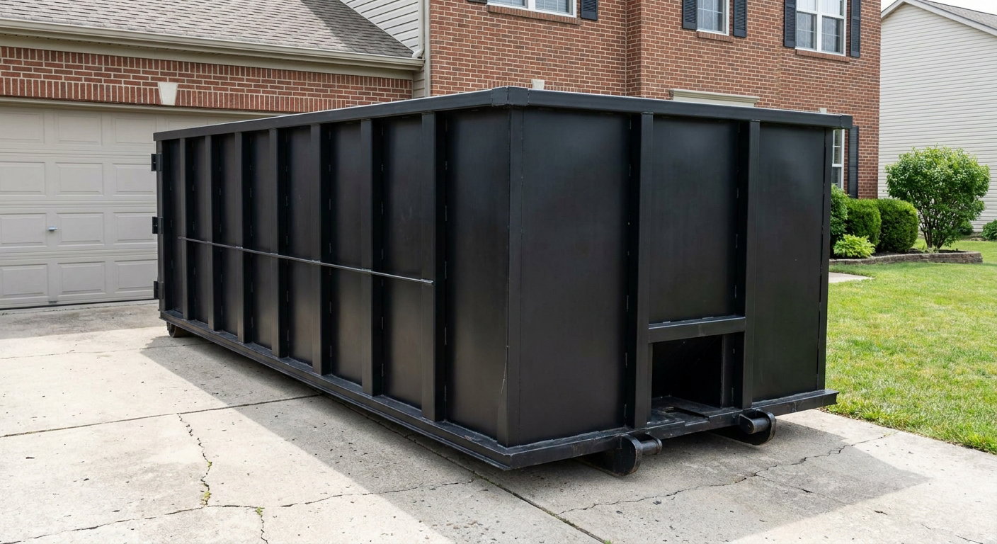 Matte-black 20-yard roll-off container on a Elkhart residential concrete driveway with reinforced ribbed steel sidewalls and a hinged rear walk-in door, clean bright daylight.