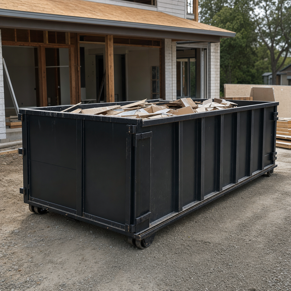 Large matte-black 30-yard construction roll-off dumpster at an active Elkhart jobsite, steel-gray top rails and bottom rollers visible, loaded with construction debris.