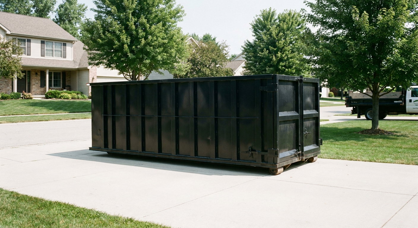 Matte-black 20-yard roll-off dumpster sitting level on a clean Elkhart residential concrete driveway under bright daylight, demonstrating clean placement directly on the concrete.