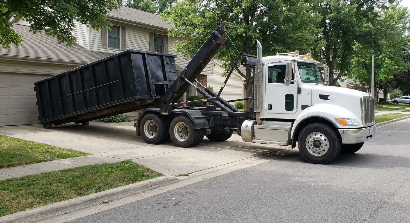 White-cab hooklift roll-off truck actively lowering a matte-black dumpster onto a Elkhart residential concrete driveway, the dumpster's rear wheels touching the driveway as the hoist arm tilts the bed forward, mid-morning daylight.