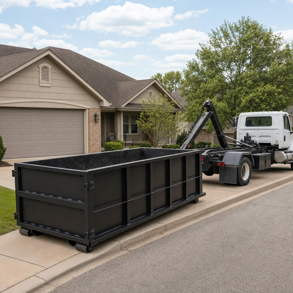 Wide documentary shot of a matte-black roll-off dumpster on a Elkhart residential driveway in the foreground and a contractor jobsite container in the soft-focus background, bright daylight, calm and orderly composition.