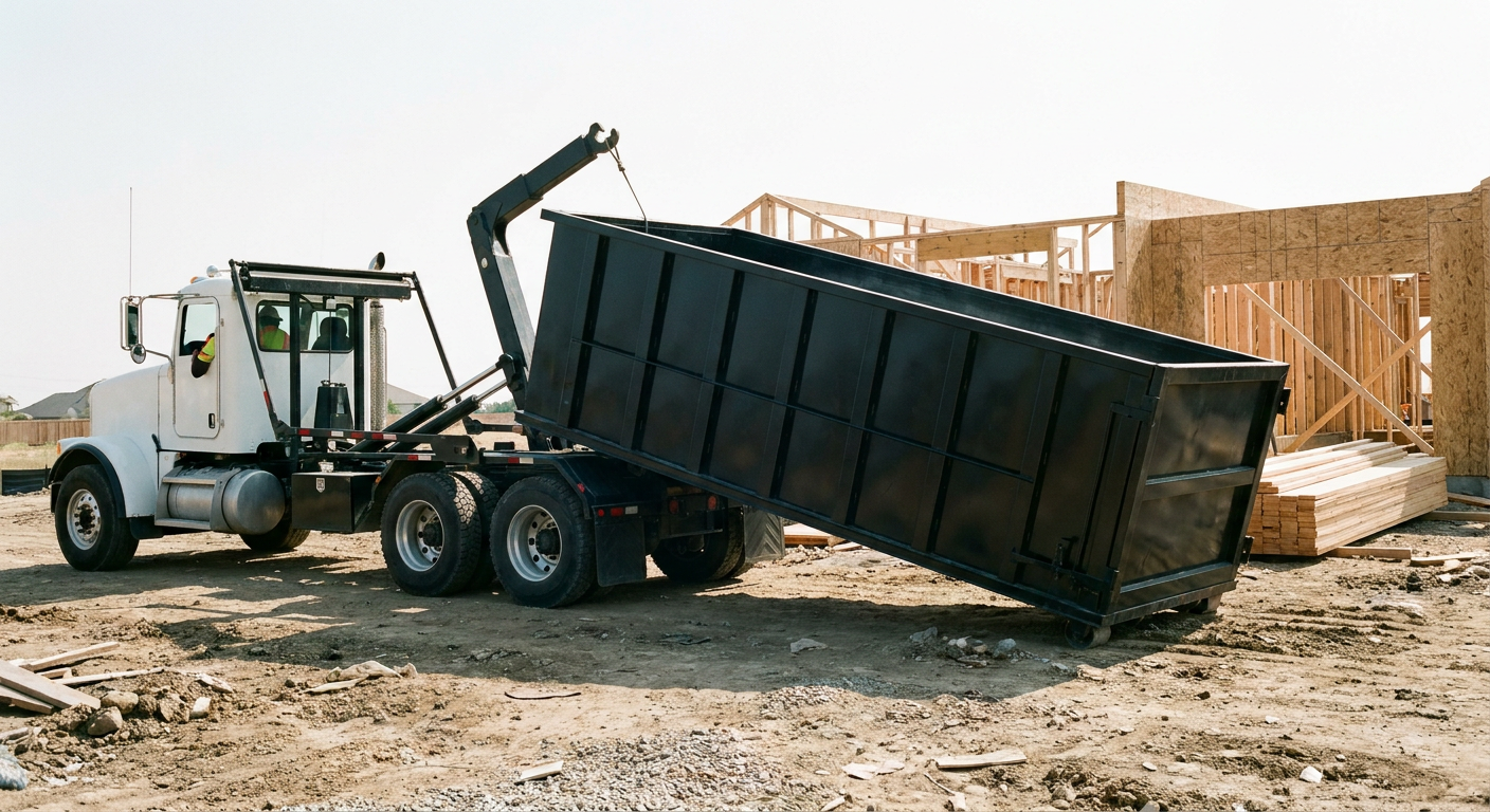 Matte-black roll-off dumpster being delivered onto a clean residential concrete driveway in Elkhart by an unmarked white hooklift hauler truck, bright morning daylight, documentary 35mm perspective.