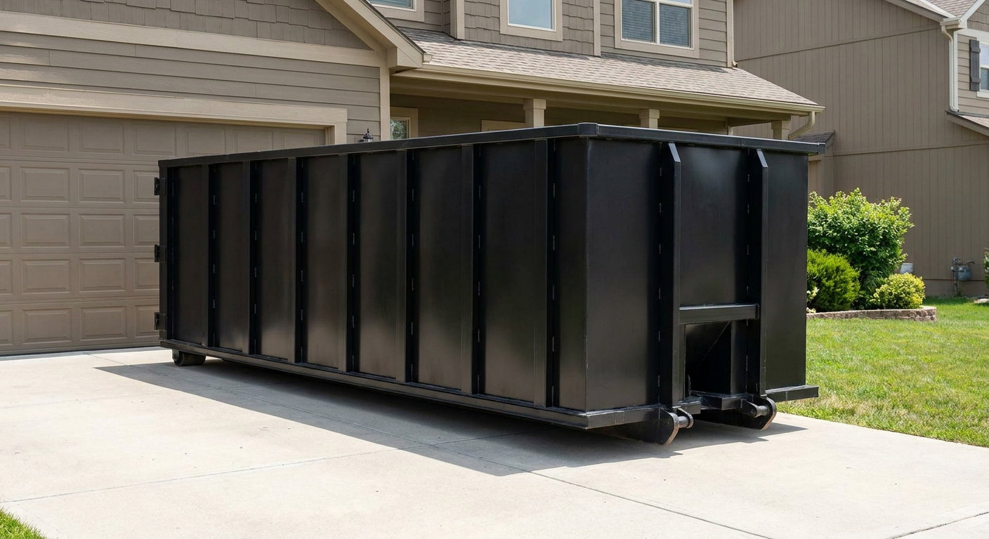 Matte-black residential roll-off dumpster sitting directly on a suburban Elkhart concrete driveway, garage door closed, single-family home in background, bright morning daylight.