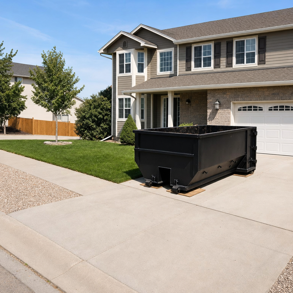10-yard matte-black residential dumpster placed directly on a narrow Elkhart concrete driveway, room remains for a parked sedan beside it, mid-morning natural light