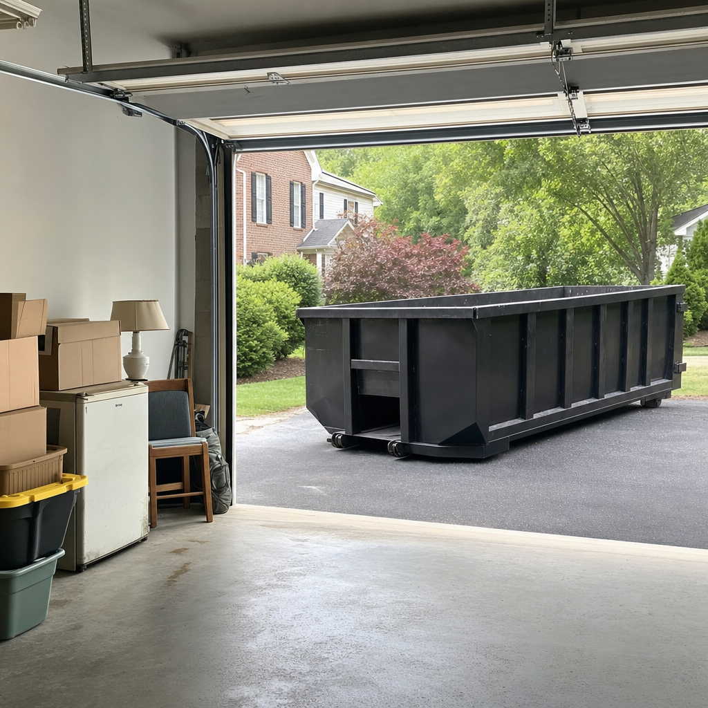 Open garage interior in a Elkhart home mid-cleanout — boxed items, an old appliance, and stacked yard tools queued near the driveway for a matte-black roll-off dumpster, organized and calm