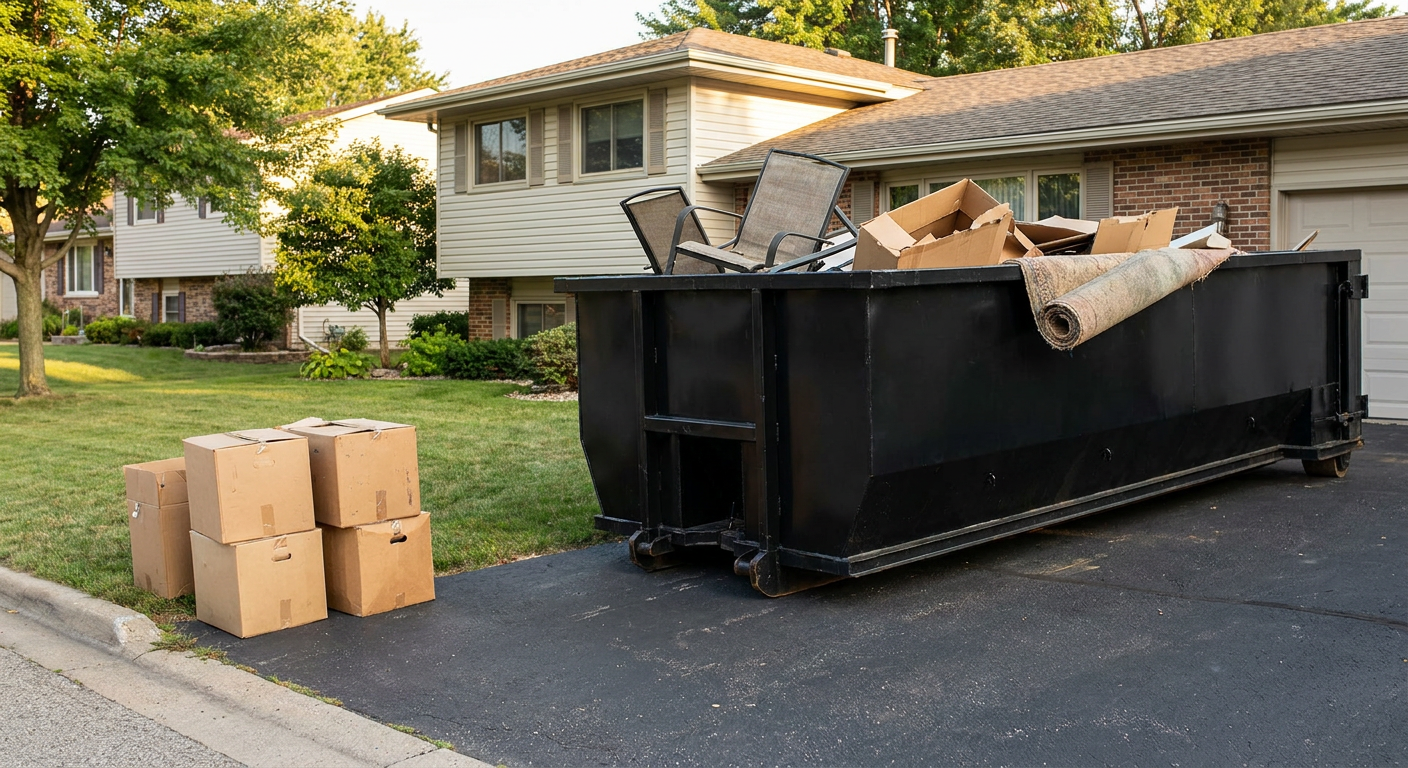 Front-yard view of a Elkhart split-level home with a 20-yard matte-black roll-off dumpster sitting directly on the asphalt driveway, a few clearly labeled donation boxes staged at the curb, calm sunny afternoon.