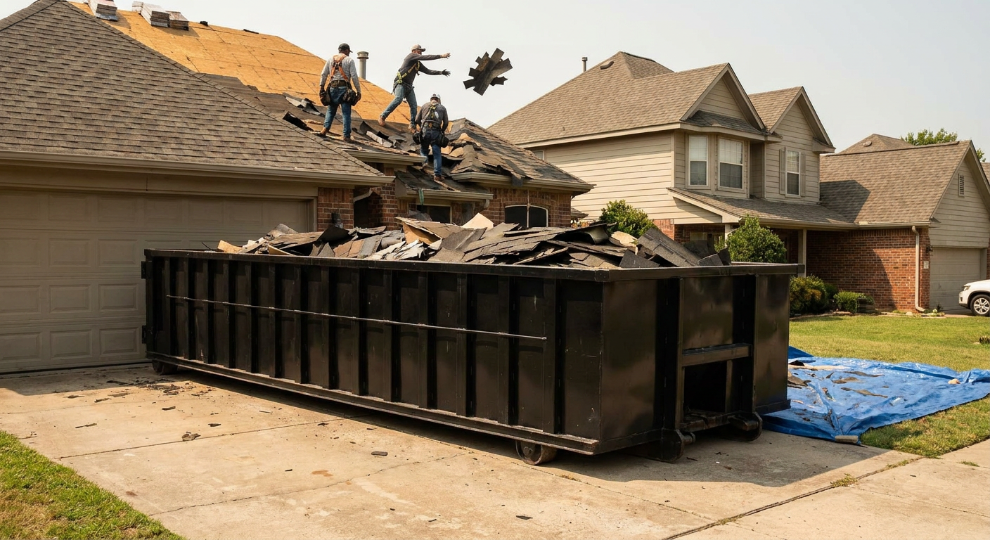 Matte-black roofing roll-off dumpster placed directly on a Elkhart residential concrete driveway, a tear-off crew on a two-story asphalt-shingle roof tossing shingle bundles into the low-walled container, bright daylight, documentary 35mm perspective.
