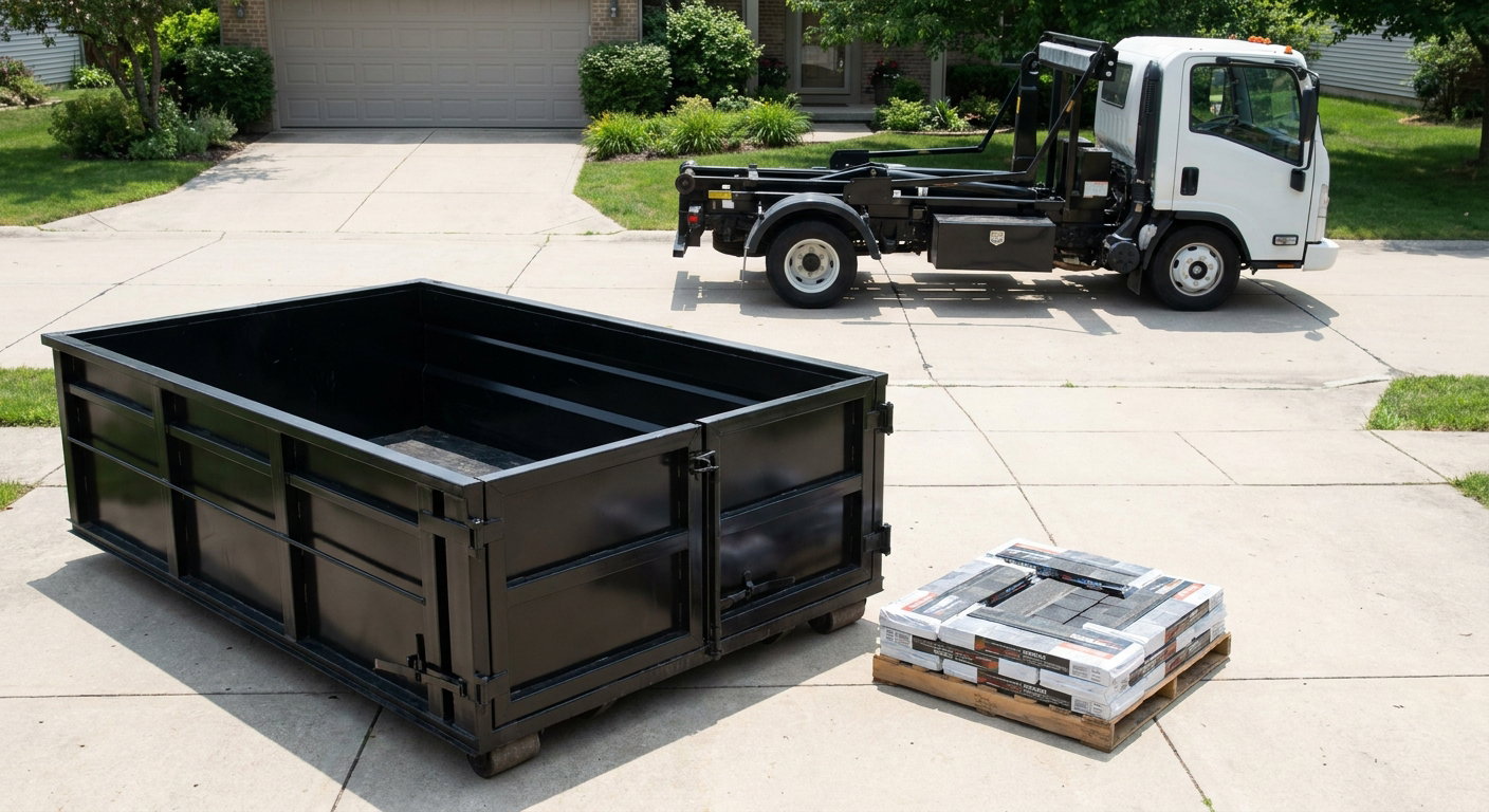 Matte-black 15-yard roofing roll-off dumpster with reinforced low side walls sitting directly on a Elkhart residential concrete driveway, three-tab asphalt shingle bundles stacked nearby, an unmarked white hauler truck partially visible at the edge of the frame.