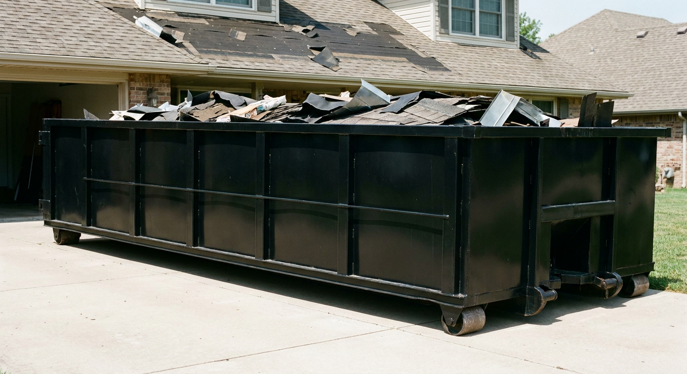 Matte-black 20-yard roofing roll-off dumpster with steel ribbed sides and swinging rear door, sitting directly on the concrete driveway of a two-story Elkhart home, asphalt shingle debris being loaded over the low wall, clean documentary lighting.