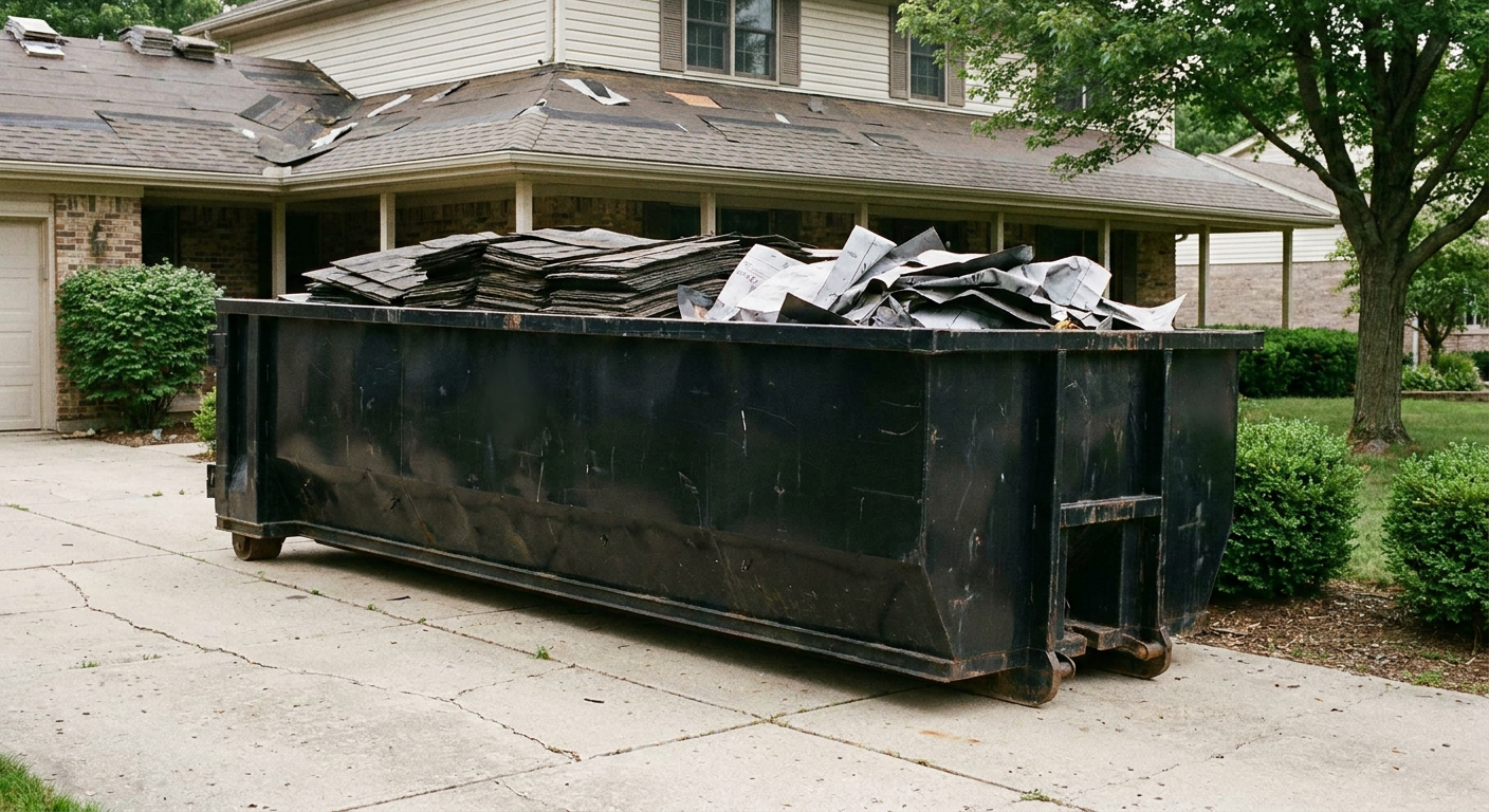 Matte-black 30-yard roofing roll-off dumpster sitting directly on a Elkhart concrete driveway, taller ribbed steel side panels, mixed tear-off debris of asphalt shingles and underlayment inside, professional documentary daylight.