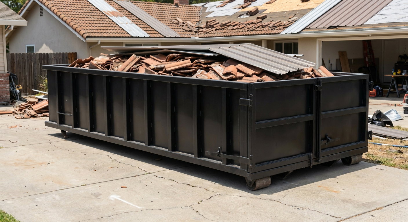 Matte-black low-wall heavy-debris roofing roll-off dumpster sitting directly on a Elkhart concrete driveway, broken concrete clay roof tiles and metal panel sections loaded inside, reinforced ribbed steel side walls visible, bright outdoor daylight.