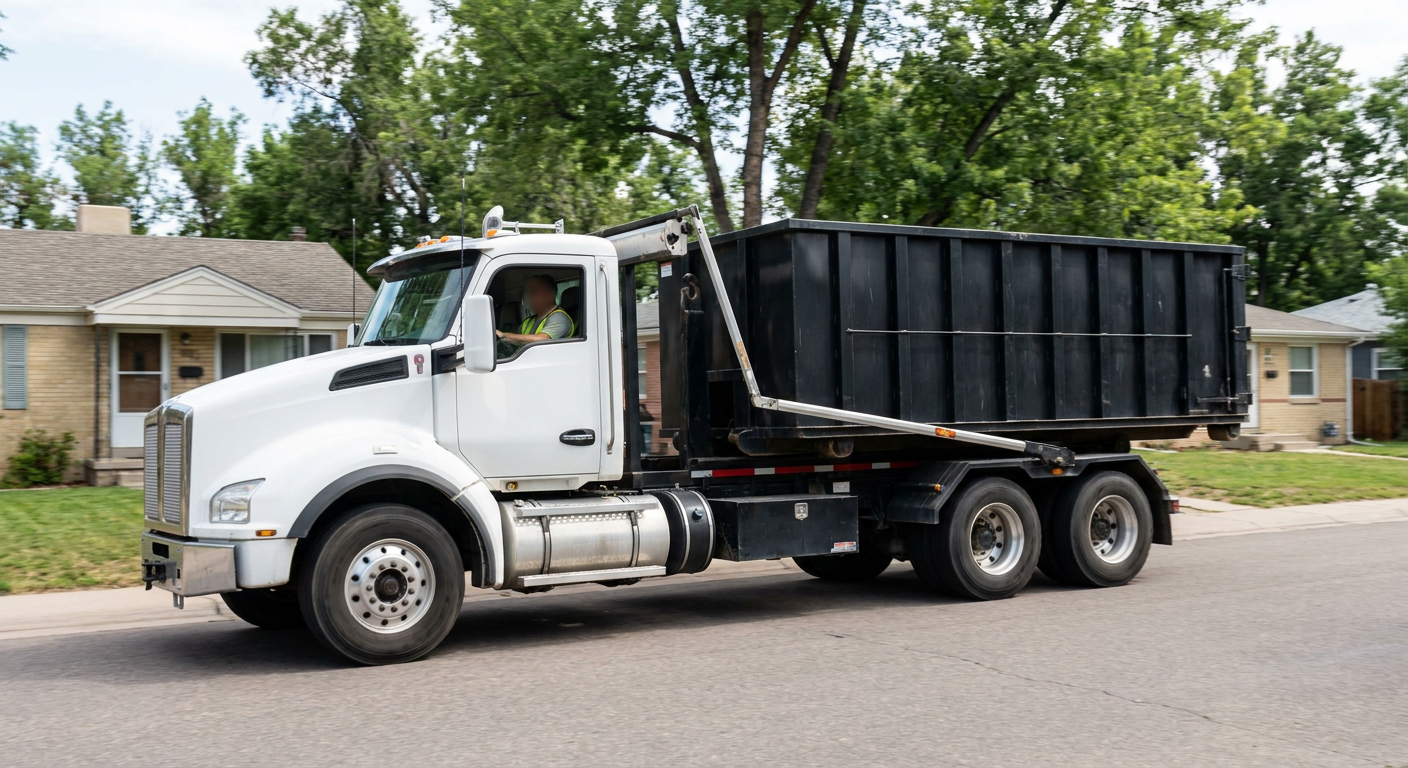 A wide documentary shot of a matte-black roll-off delivery truck pulling onto a quiet Elkhart residential street at mid-morning, with neighborhood rooftops and tree-lined blocks visible behind, showing the metro coverage footprint.