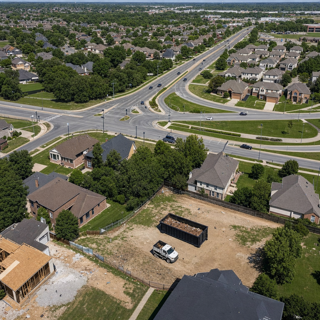 An overhead documentary view of the Elkhart metro area at midday, showing the spread of neighborhoods, arterial roads, and the dispatch radius from a central yard — clean daylight, organized geographic layout.
