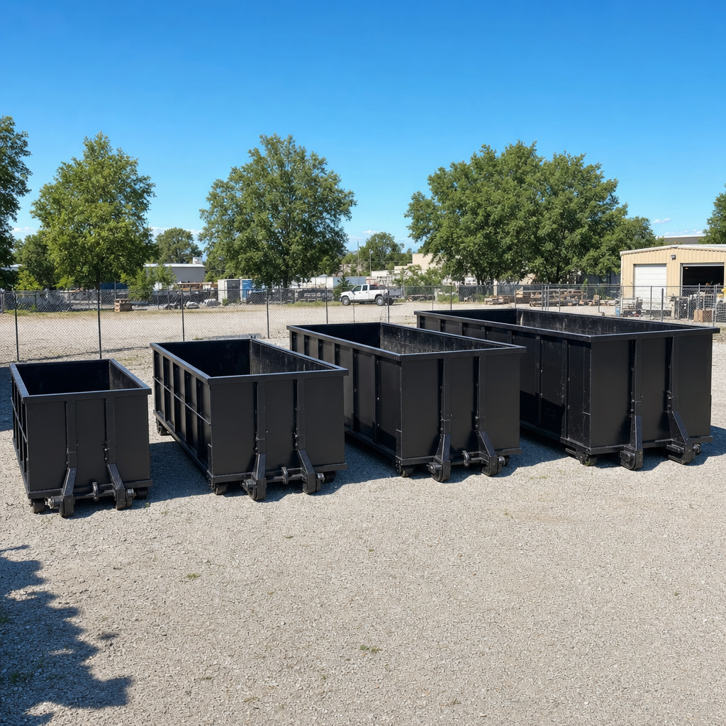 A clean lineup of matte-black roll-off dumpsters in 10, 20, 30, and 40-yard sizes staged on a sunlit gravel yard in Elkhart, showing the size progression from compact to commercial-scale containers.