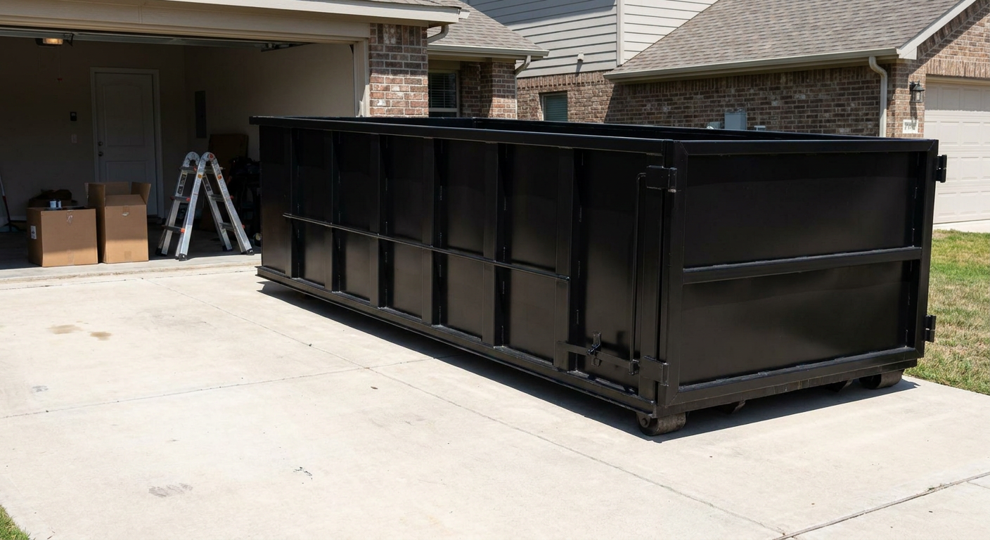A matte-black 10-yard roll-off dumpster sitting directly on a residential Elkhart concrete driveway, mid-day sunlight, clean and ready for a garage cleanout.