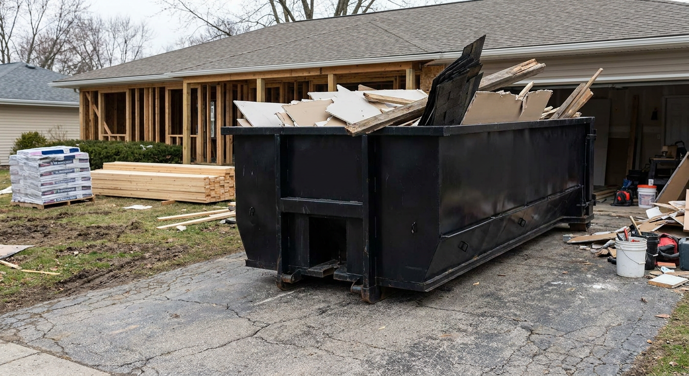 A matte-black 20-yard roll-off dumpster placed alongside a mid-renovation Elkhart home directly on the asphalt driveway, with framing materials and torn-off shingles staged neatly nearby.