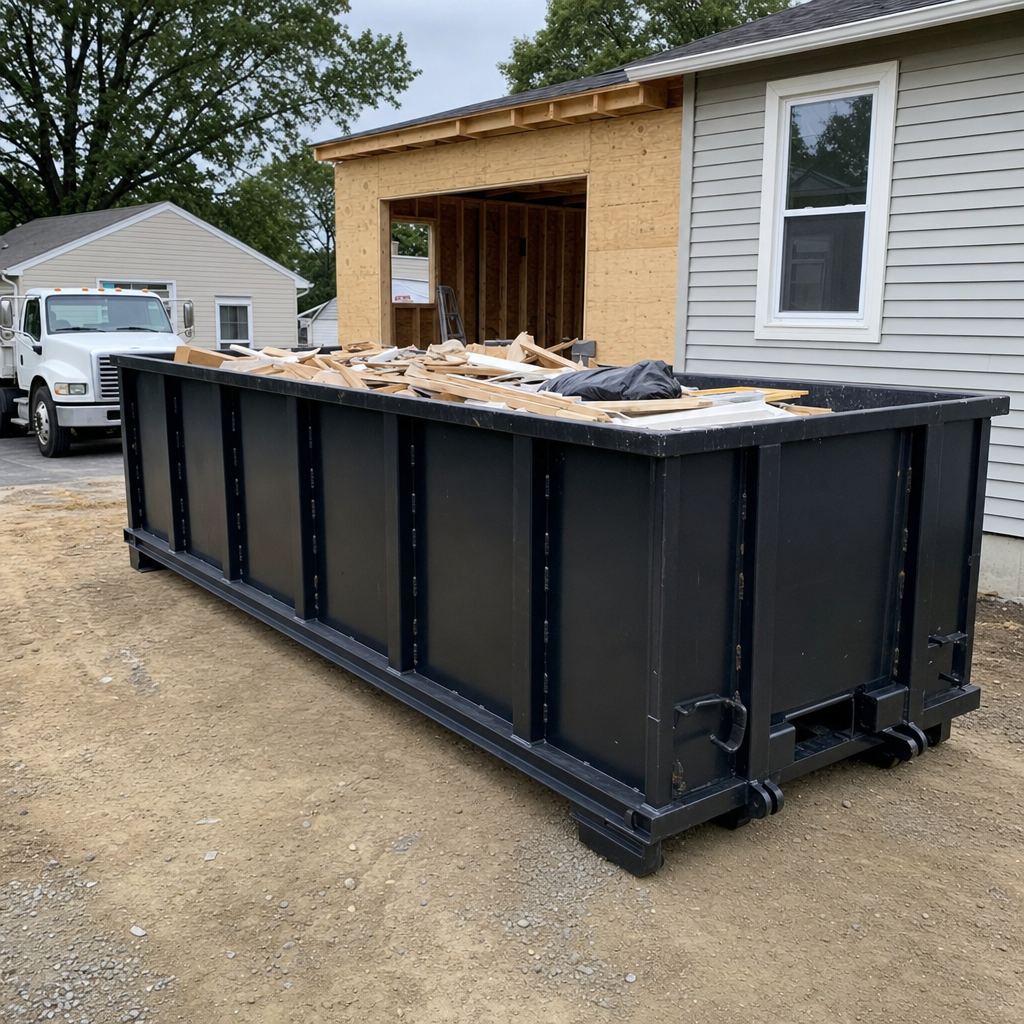 A matte-black 30-yard roll-off dumpster positioned at a Elkhart residential addition jobsite, with framing lumber and drywall scraps loaded through the open swinging rear doors.