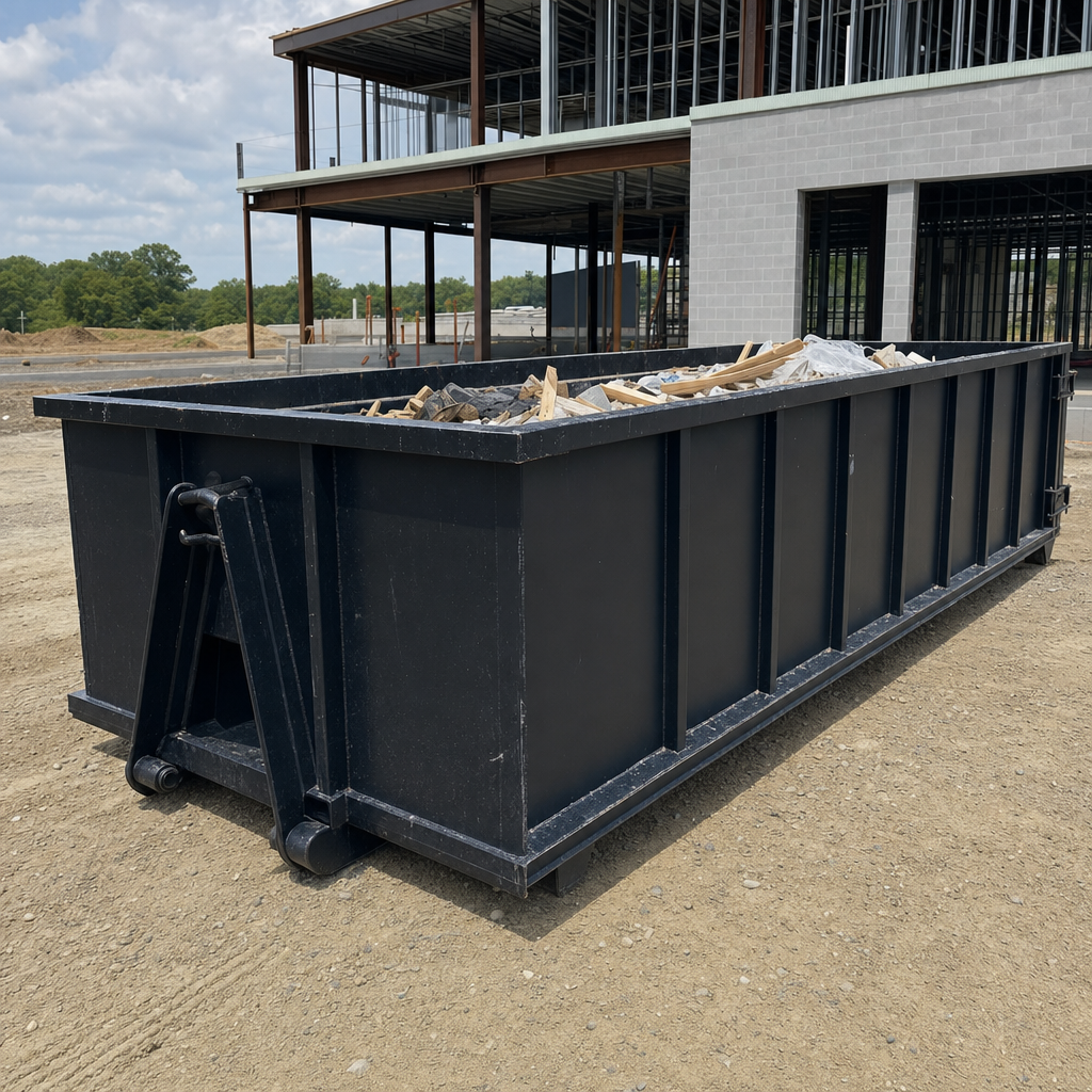 A matte-black 40-yard roll-off dumpster staged on a large Elkhart commercial construction lot, with a hooklift delivery truck parked alongside under bright midday sky.