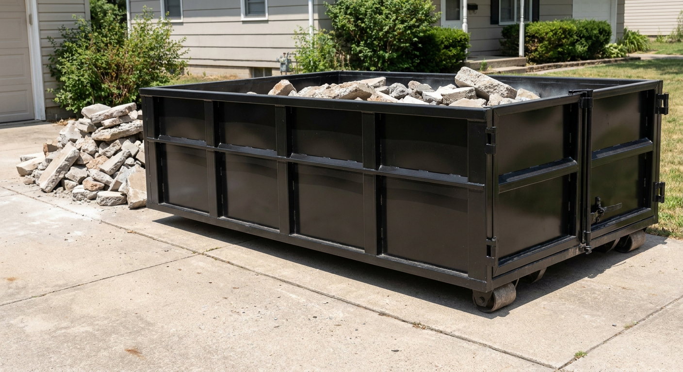 A matte-black low-side heavy-debris roll-off dumpster placed directly on a Elkhart concrete driveway, with broken concrete chunks neatly stacked beside it under clean daylight.
